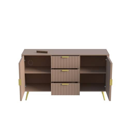 Image of Wooden Sideboard Cabinet for Living Room with 3 Drawers & 2 Doors Storage for Dining, Drawing and Home Office | HDMR Premium Wood & Iron | 58 x 15.74 x 30.70 Inch | Taupe & Golden