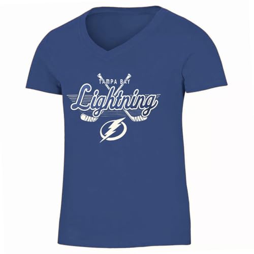 Outerstuff Tampa Bay Lightning Juniors Girls 4-16 Cross Sticks Team Logo V-Neck T-Shirt (Blue, Girls Large-10/12)