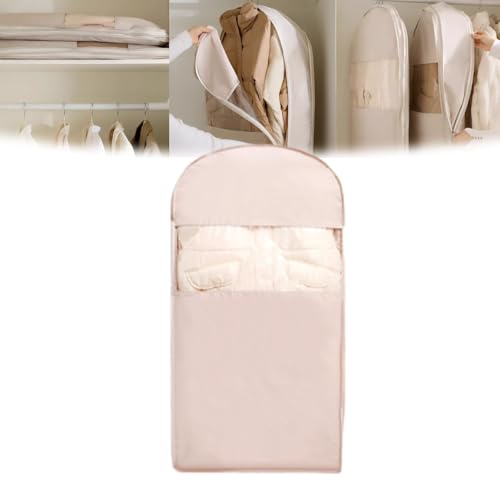 Space Saving Hanging Garment Bag with Self Compression Zipper, Space Saving Hanging Garment Bag, Heavy Duty for down Coat, Saver Closet Organizers (Pink, L)