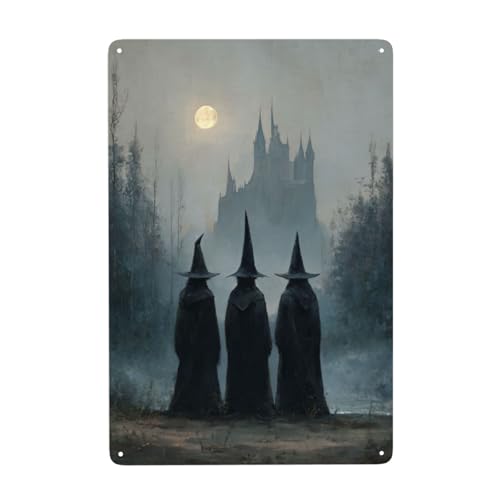 Letreros de metal con diseño de castillo gótico antiguo de tres brujas, decoración de pared para baño, baño, baño, granja, patio, 20 x 30 cm