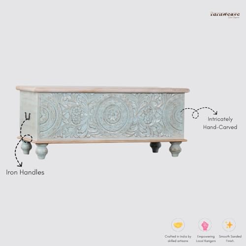 Image of Natura Solid Wood Coffee Table for Living Room Wooden Trunk Box for Storage | Handcrafted Center Table for Living Room with Sandook Storage | Pitara for Home & Bedroom (Light Blue Distress)