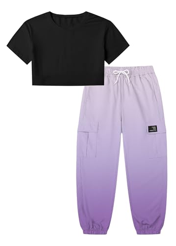 Image of Betusline Girls 2 Piece Set, Black Cute Short Sleeve Crop Tops + Purple Gradient Cargo Jogger Pants Clothes, 4-5T = Tag 120
