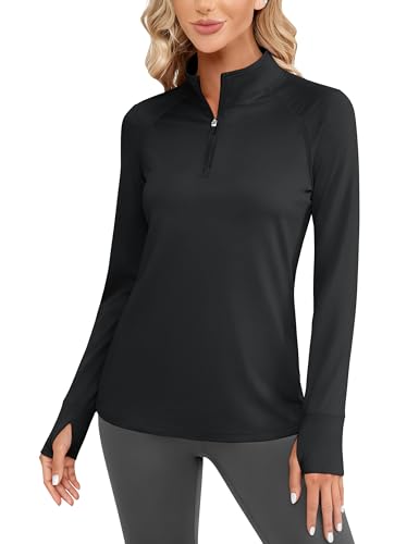 Cavva Women's Quarter Zip Pullover Fleece Lined Golf Shirt Long Sleeve Thermal Workout Top Athletic Sweatshirt Black, S