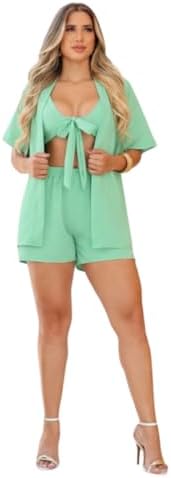 Biquini Cintura Alta Conjunto Feminino Três Peças Kimono Shorts T...
