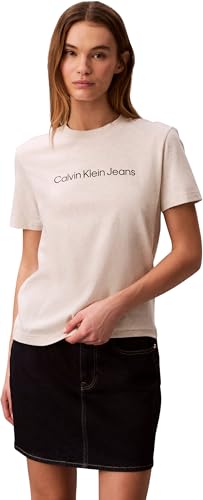 Calvin Klein Camiseta de Manga Corta Mujer Logo Classic Regular Fit, Beige (Vanilla Heather), M