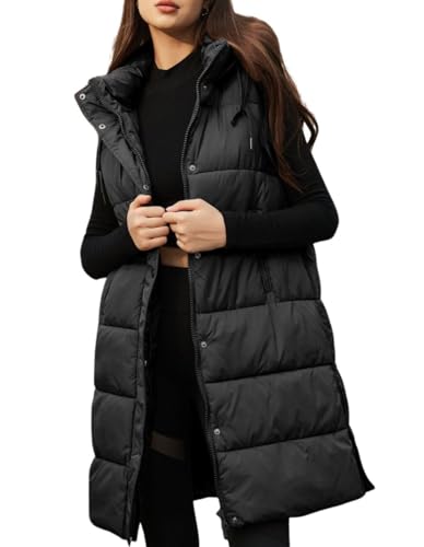 PUWEI Long Puffer Vest Women Quilted Hooded Vest Padded Sleeveless Coat Jackets With Pockets