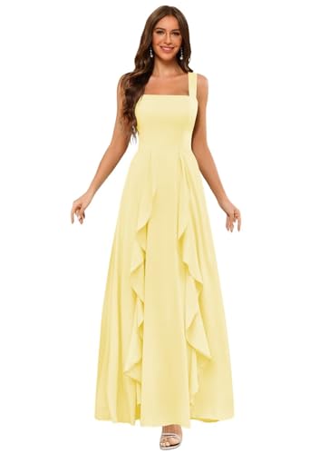 Clothfun Ruffle Chiffon Bridesmaid Dresses Long with Pockets 2025 Square Neck Evening Gown with Slit for Women CY0294