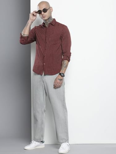 Image of The Indian Garage Co Men Slim Fit Striped Full Sleeves Cutaway Collar Casual Shirt