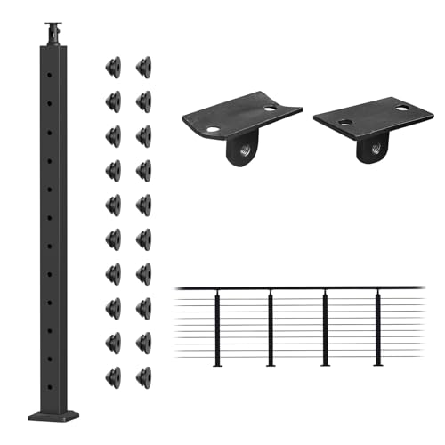 Image of BLIKA 42 inch Level Drilled Cable Railing Post(Post 41 inchx2 inchx2 inch), Stainless Steel Adjustable Line Post, Metal Deck Railing Posts, Top Mount Matte Black Cable Handrail Posts for Cable Railing Kits, BL01-LP
