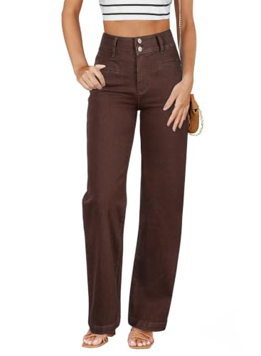 Sidefeel Jeans for Women Trendy High Waisted Stretchy Straight Leg Jeans Tummy Control Loose Wide Leg Denim Pants Coffee Size 2