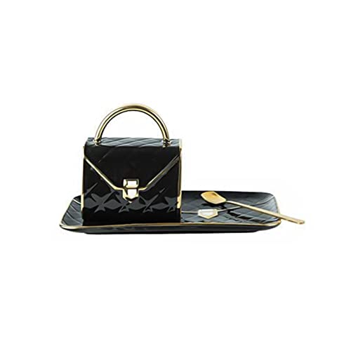 Tasses à Café et Soucoupes en Porcelaine, Gobelets à Café Style de Sac à Main Thé de Thé en Porcelaine avec Soucoupe et Cuillère, pour Ménage Bureau Mariage Café (Noir)