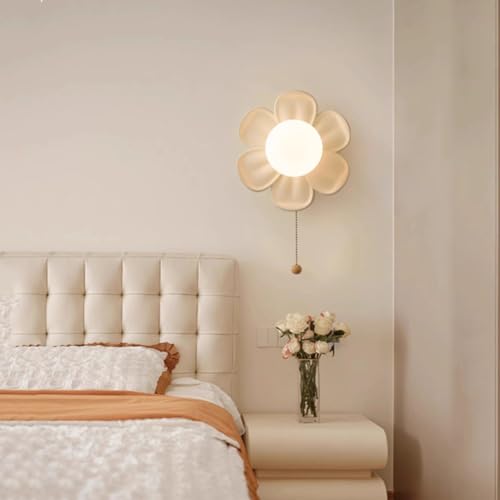 LOGT Baby Wandlampe Blume Wandleuchte mit Schalter 3 Farbtemperatur Nachtlampe G9 Innen Kinderzimmer Lampe mit Zugschalter LED Modern Wandbeleuchtung 7W für Mädchen Jungen Schlummerlicht,Gelb