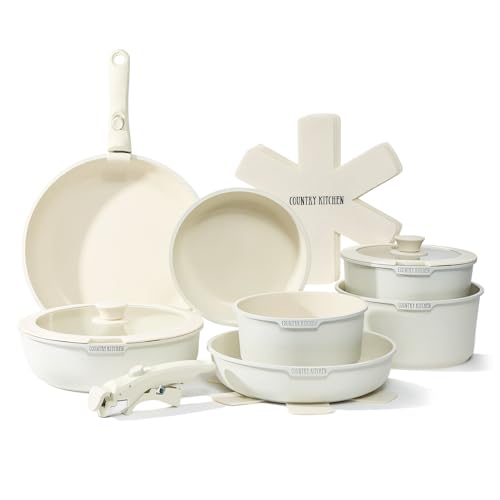 Image of Country Kitchen Cookware Set with Removable Handle, Oven & RV Safe Pots and Pans Set, Cream, Deluxe Larger Set
