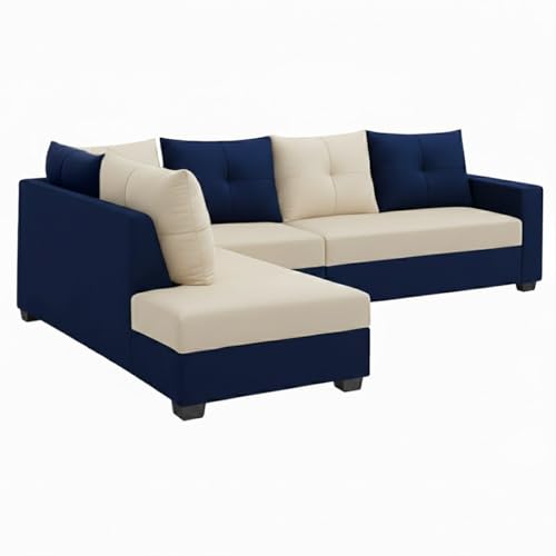 Image of SOCOZI Oriana 6 Seater LHS L Shape Sofa Set | Soft Velvet Suede Fabric | Modern Design | Plush Comfort Cushions for Living Room (Dark Blue-Cream)