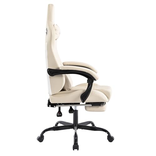 Image of Gaming Chair with Footrest Ergonomic Computer Chair Massage Lumbar Cushion, Racing Video Game Chair Adjustable Rocker Recliner Executive Office Desk Chair Pu Leather for Adults, Beige