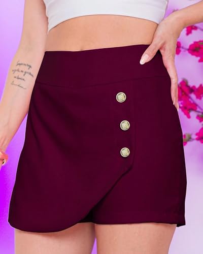 Image of ADDYVERO High Rise Elasticated Waistband Side Button Women Above Knee /Mini Bodycon Wrap Skort /Shorts (Maroon, 36)