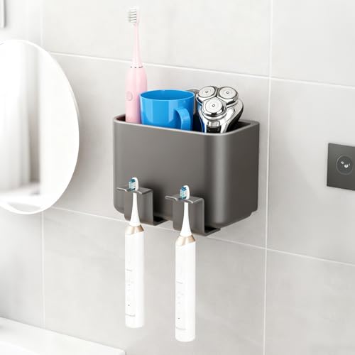 Rieoany Zahnbürstenhalter Wandmontage, Zahnbürstenhalter Saugnapf mit Ablaufloch, Halterung Elektrische Zahnbürste für Badezimmer, Gunmetal Grau