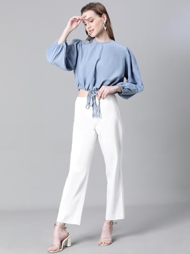 Image of oxolloxo Women Animal Print Round Neck Long Sleeve Elasticated Tie-Up Crop Top