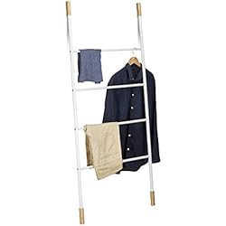 Perchero Valet Madera Y Hierro Relaxdays Escalera Decorativa Multiusos, Bambú-Hierro, Blanco, 150 x 70 x 2 cm