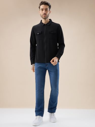 Image of Status Quo Men's Solid Textured Regular Fit Shacket with Zipper Clouser | 100% Polyester