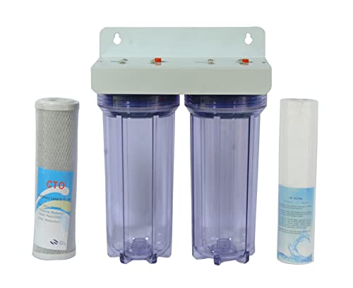 Image of RiverSoft 2-Stage Pre-Filter System with Inbuilt Mounting Clamp | PP Spun Cartridge and CTO Cartridge | Inline /Under-Sink Filter (Transparent Housing, 1-Inch Inlet /Outlet, PP)