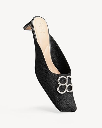 Image of NEWBELLA Women's Square Toe Heeled Mules - Low Heel Slip-On Lightweight Commuter Shoes, Comfortable Fabric Loafers for Office & Casual Wear, Black 6.5