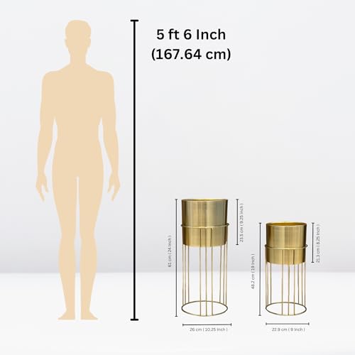 Image of Decorative Gold Metal Planters with Stand for Living Room | 24 inch & 19 inch (Height) x 10 inch & 9 inch (Diameter) | Modern Indoor Planters and Flower Pots Set of 2 (Gold)