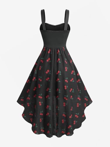 DRESSFO Women Cherry Printed Starfish Buckle Lace Trim High Low Tank Dress2