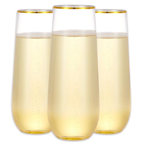 N9R 36PCS Plastic Champagne Flutes, 9 Oz Stemless Disposable Gold Rim Toasting Glasses, Crystal...