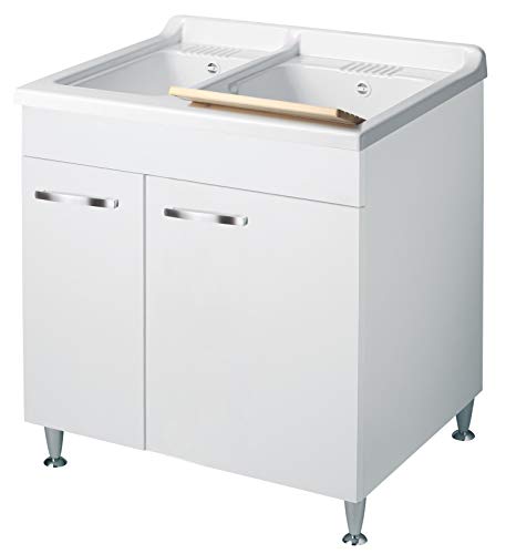 Negrari Classica Lavatoio Montato 75x60 L75 P60 H85cm Bianco Mobile Legno 2 Vasche Polipropilene Termoformatura Asse Pino Piedi Regolabili Cerniere Ante Rallentate Porte Arrotondate Maniglie Cromate