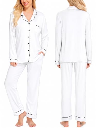 Image of SWOMOG Womens Pajamas Set Long Sleeve Sleepwear Button Down Nightwear Soft Cotton Pj Lounge Sets