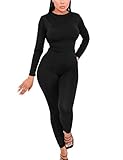 Mizoci Women's Sexy Bodycon Long Sleeve Crewneck Club Outfits One Piece Jumpsuit Romper, Medium, Bla