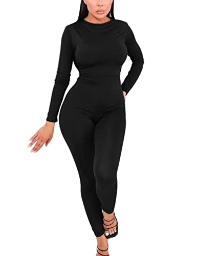 Mizoci Women's Sexy Bodycon Long Sleeve Crewneck Club Outfits One Piece Jumpsuit Romper, Medium, Black #TOP16