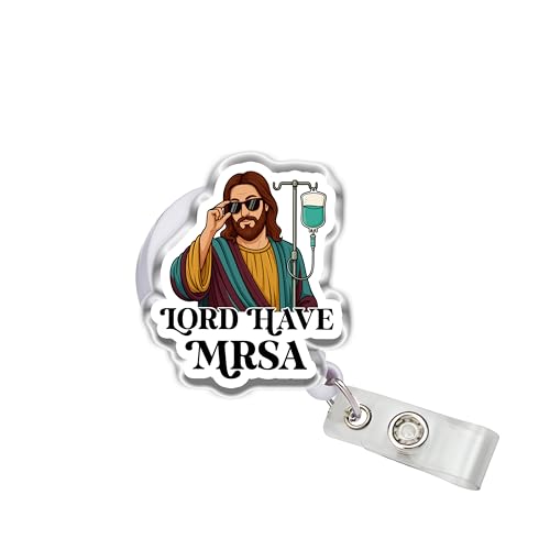 OKOMCM Lord Have MRSA Retractable Badge Reels, Nurse Healthcare Size 2 inches Belt Clip Acrylic ID Badge Holder, Dark Humor Badge Lanyard, Jesus Christ Accessories DIY Gifts for Co-Worker Paramedic