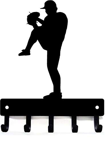 The Metal Peddler Baseball Pitcher Sport - Wall Key Holder - Small 6 Inch Wide - Made in USA; 5 Storage Hooks
