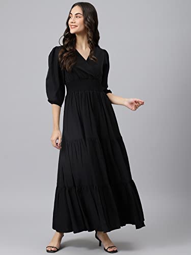 Image of Femvy Women's Fit and Flare Maxi Dress Rayon 3 /4 Sleeve Solid V-Neck Evening Dress 751