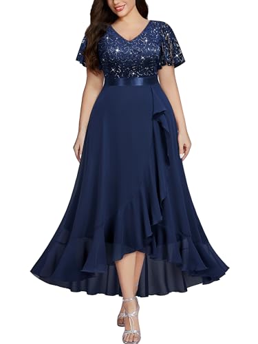 Image of MISSMAY Women's Plus Size V Neck Sequin Lace Butterfly Sleeves Formal Evening Party Long Dress