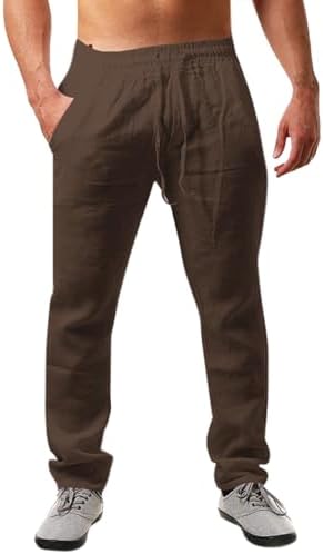 Runcati Herren Leinenhose Lang Sommerhose mit Kordelzug | Loose Fit, Baumwolle, Leinen, Freizeithose, Einfarbiges, Leicht, 3 Taschen, Für Alltag, Strand