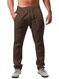 Runcati Pantalones de lino para hombre, lisos, largos, ligeros, holgados, con cordón, para vacaciones, playa, uso diario, marrón, L
