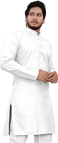Image of Cotton Blend Full Sleeve Long Plain Kurta for Men
