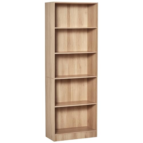 HOMCOM Librería Estantería de 5 Niveles para Libros con 3 Baldas Ajustables Antivuelco Almacenaje para Salón Oficina Estudio 63x29,5x176 cm Madera Natural