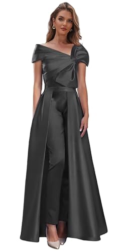 Satin Mother of The Bride Pant Suits for Wedding Off The Shoulder Formal Jumpsuits 2 Pieces Evening Dress with Bow
