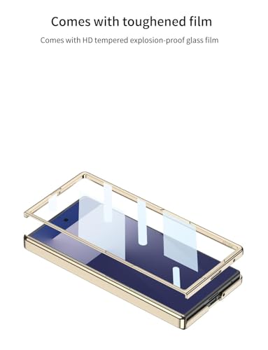 Image of Midkart Magnetic Case Compatible with Samsung Galaxy Z Fold 7 Release 2025 Hinge Protection Leather Cover with Stand Electroplated Camera Protection, Blue & Gold
