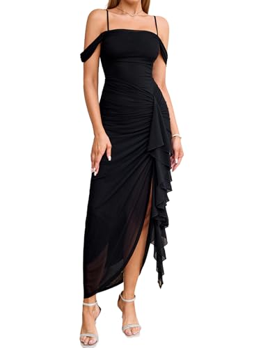 HTZMO Women Elegant Bodycon Maxi Dress Ruched Ruffle Slit Wedding