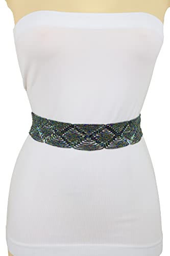 Women Fashion Belt Hip High Waist Green Color Beads Band Geometric Shapes S M4