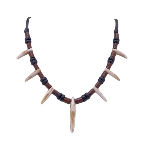 Wooden Bead Resin Tooth Adjustable Tribal Necklace for Men Women Caveman Black Coconut Wood Beads Necklace