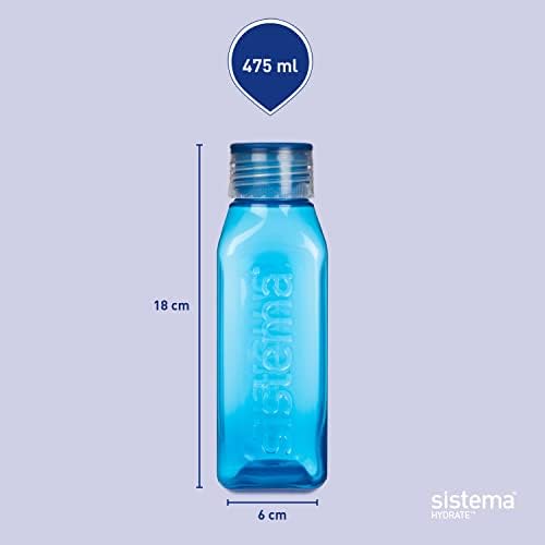 Sistema Square Water Bottle | 475 ml | BPA Free Water Bottle | Seal Tight Lid | Easy Grip Sides | Assorted Colours