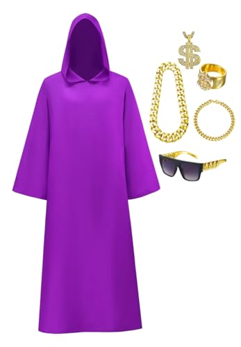 Ocpiley Shadow Wizard Money Gang Costume Mens Halloween Hooded Robe with Gold Chain Accessories Red/Purple/Green/Yellow (Purple Small)