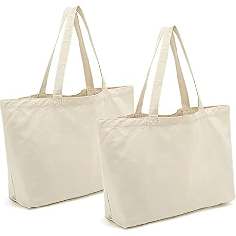 Reusable Grocery Bags, Off White Canvas Grocery Bags Jumbo Set with Real Pockets, Long Shoulder Strap. Reusable Shopping, Off White2pcs, L Cover