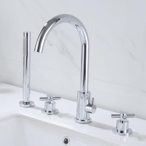 Mitigeur de baignoire 3 trous avec pommeau de douche chromé et flexible eau chaude froide